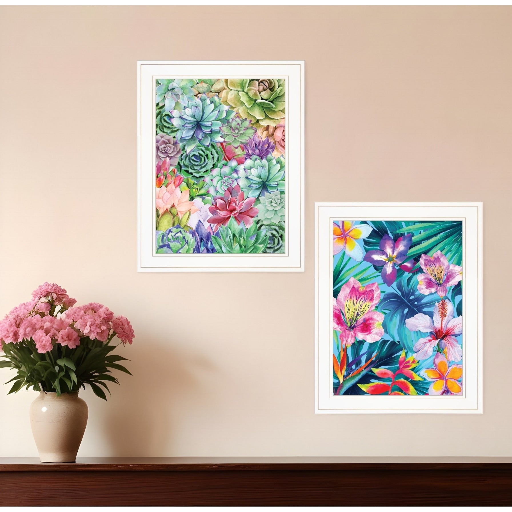 Homeroots Set Of Two Succulents Paradise And Tropical Flowers White Framed Print Wall Art