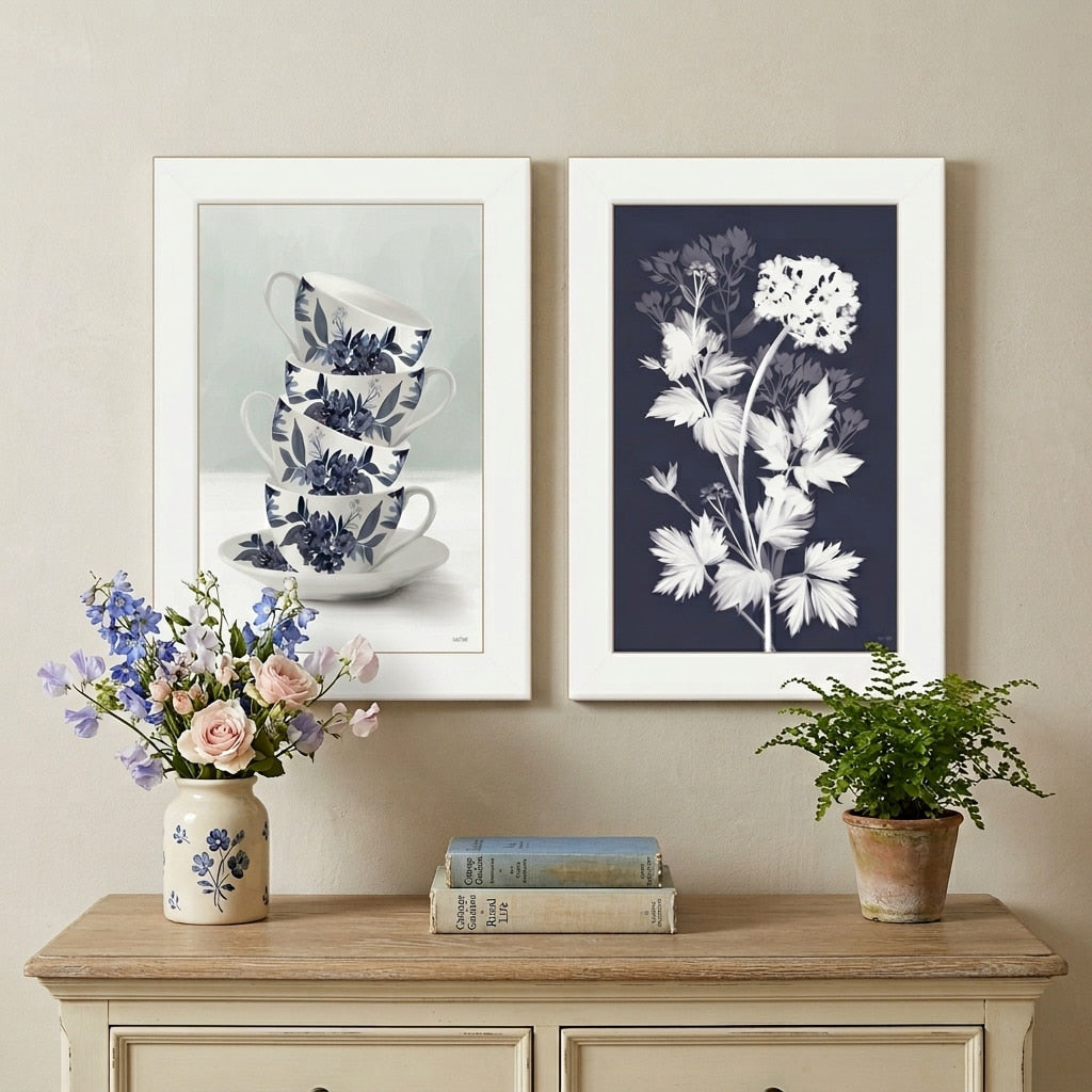 Homeroots Set Of Two Tea Towers With Flowers Blue White Framed Print Kitchen Wall Art
