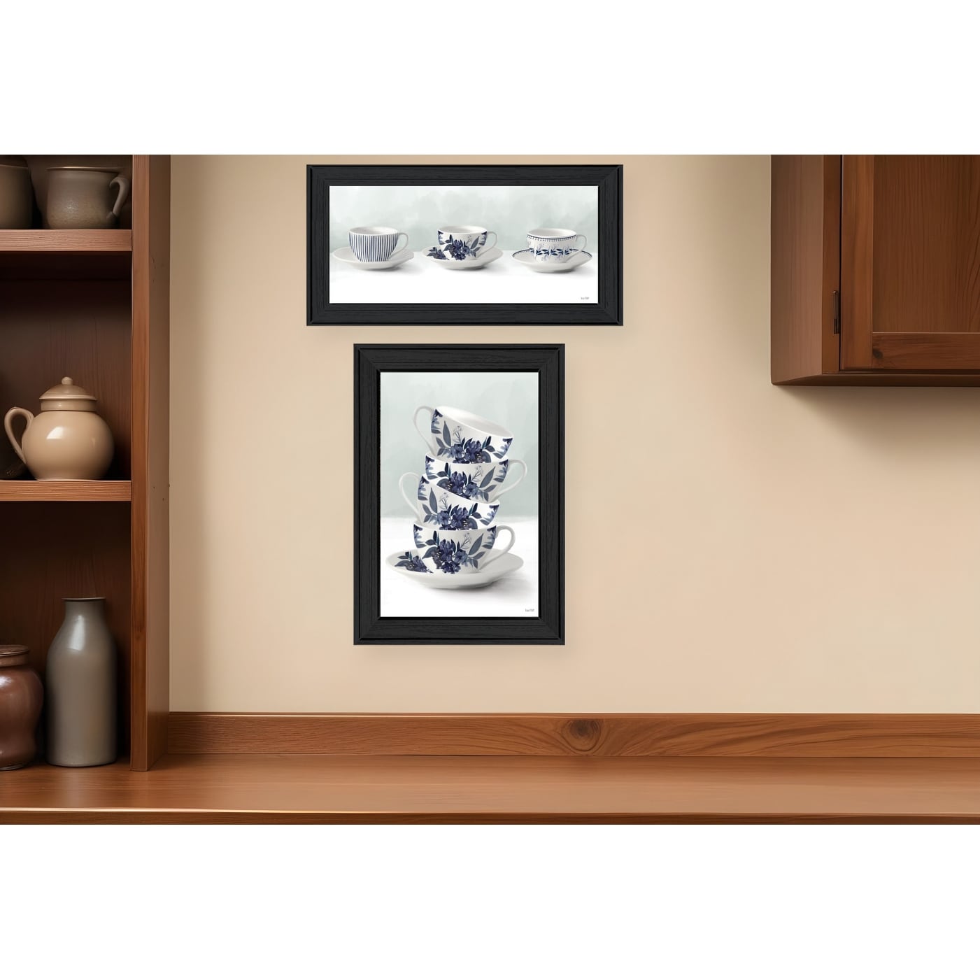 Homeroots Set Of Two Tea Tower With Cups And Sauces Black Framed Print Kitchen Wall Art