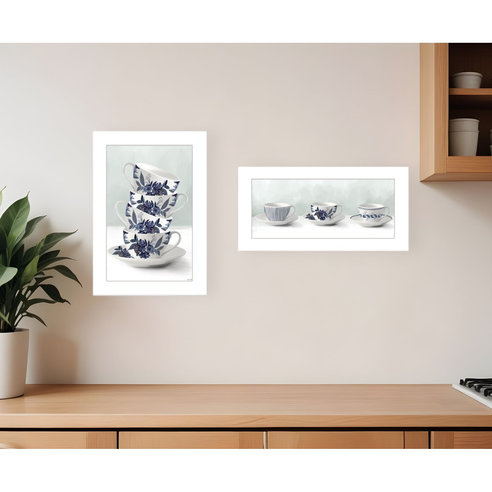 Homeroots Set Of Two Tea Tower With Cups And Sauces White Framed Print Kitchen Wall Art