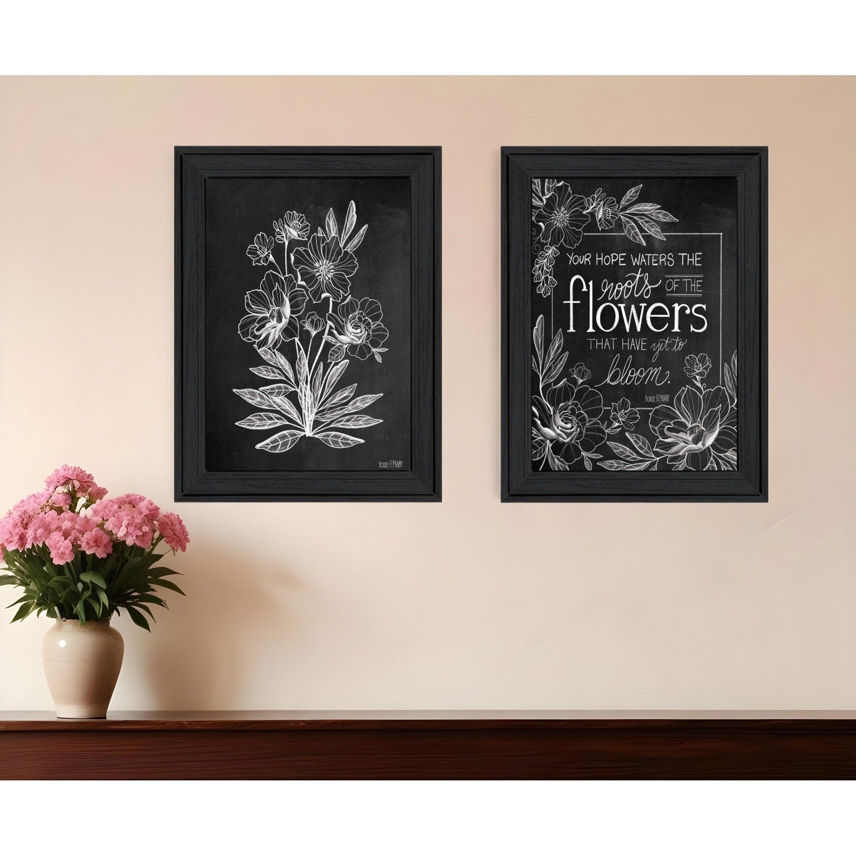 Homeroots Set Of Two Vintage Chalkboard Blooms Black Framed Print Wall Art