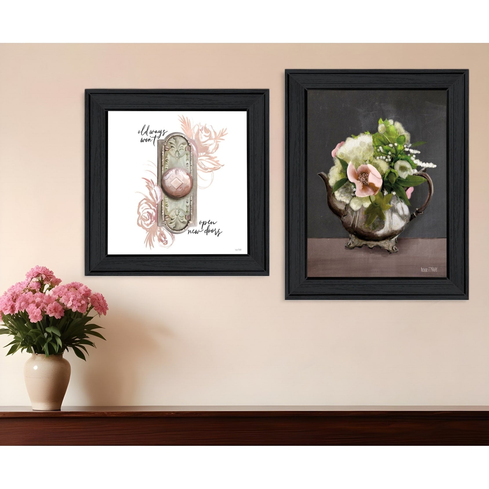 Homeroots Set Of Two Vintage Floral Tea Pot And Door Knob White Framed Print Kitchen Wall Art