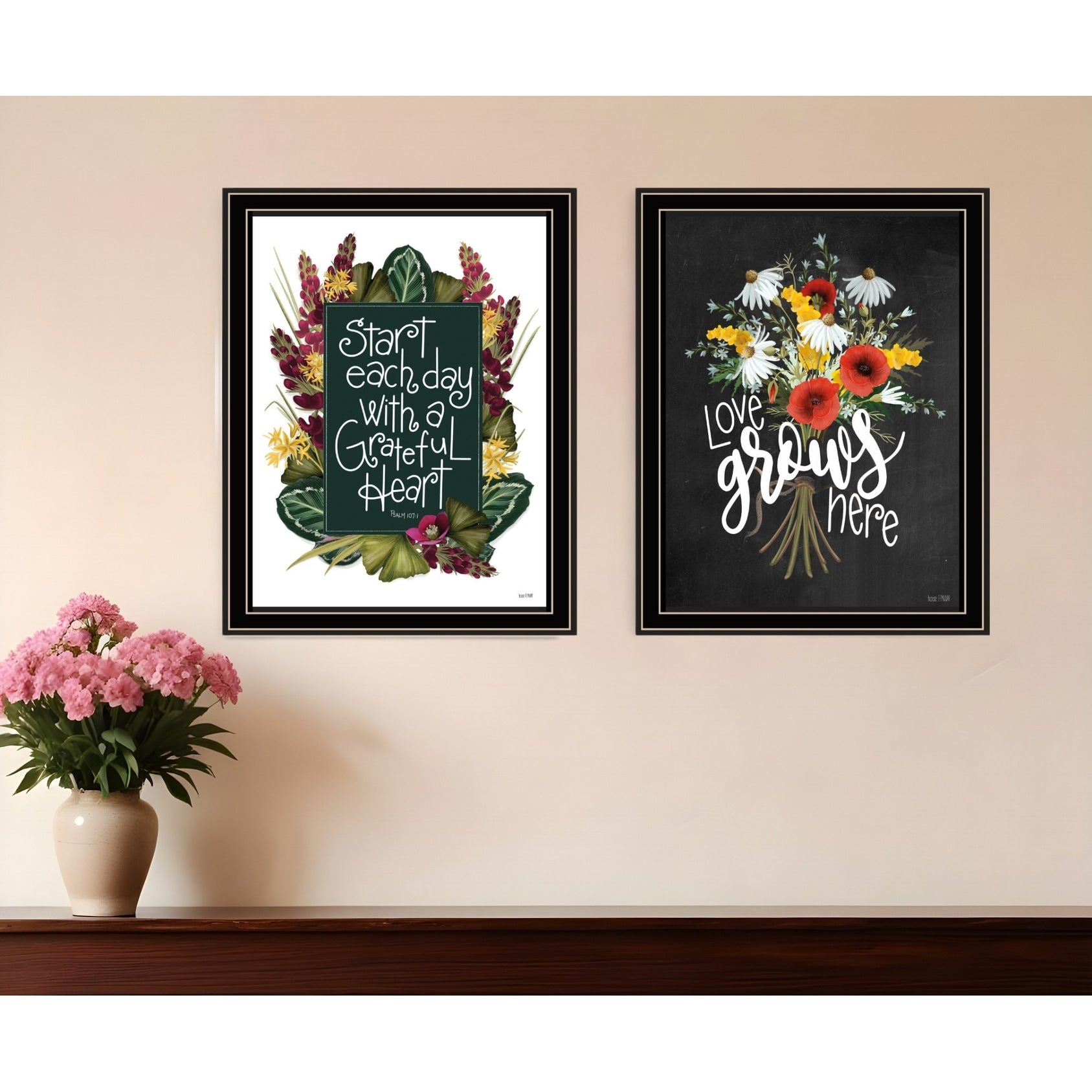 Homeroots Set Of Two With Grateful Hearts Black Framed Print Wall Art