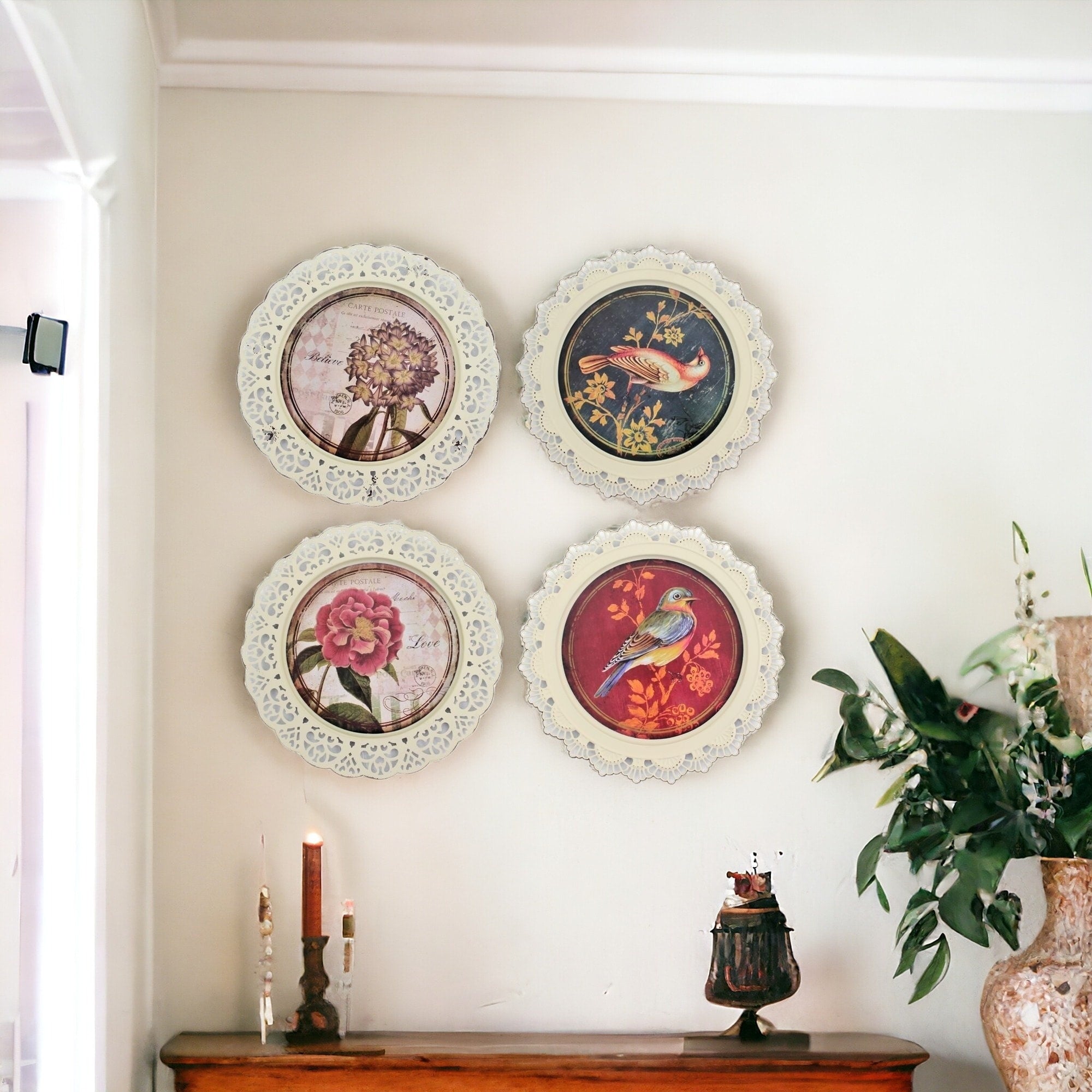 Homeroots Set Of Four 13 X 13 Brown And White Metal Bird Flower Wall Decor