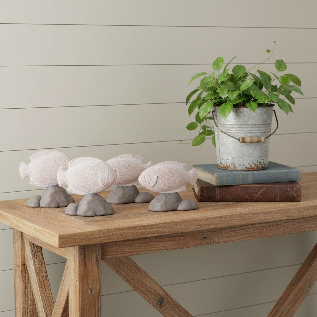 Homeroots Set Of Four Beige And Gray Polyresin Fish Figurines 5.75 In. X 5.50 In. X 2.25 In.