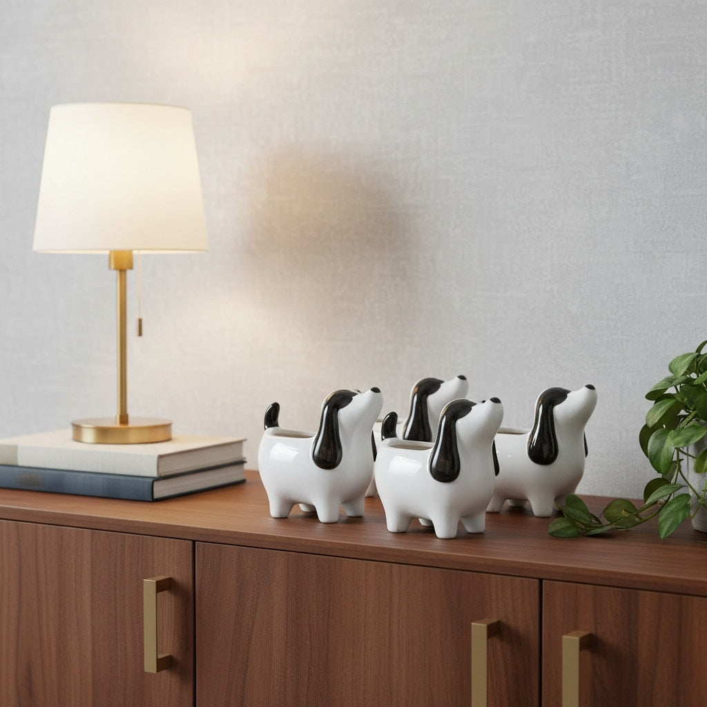 Homeroots Set Of Four Black And White Polyresin Dog Planters 5.50 In. X 5.25 In. X 3.25 In.
