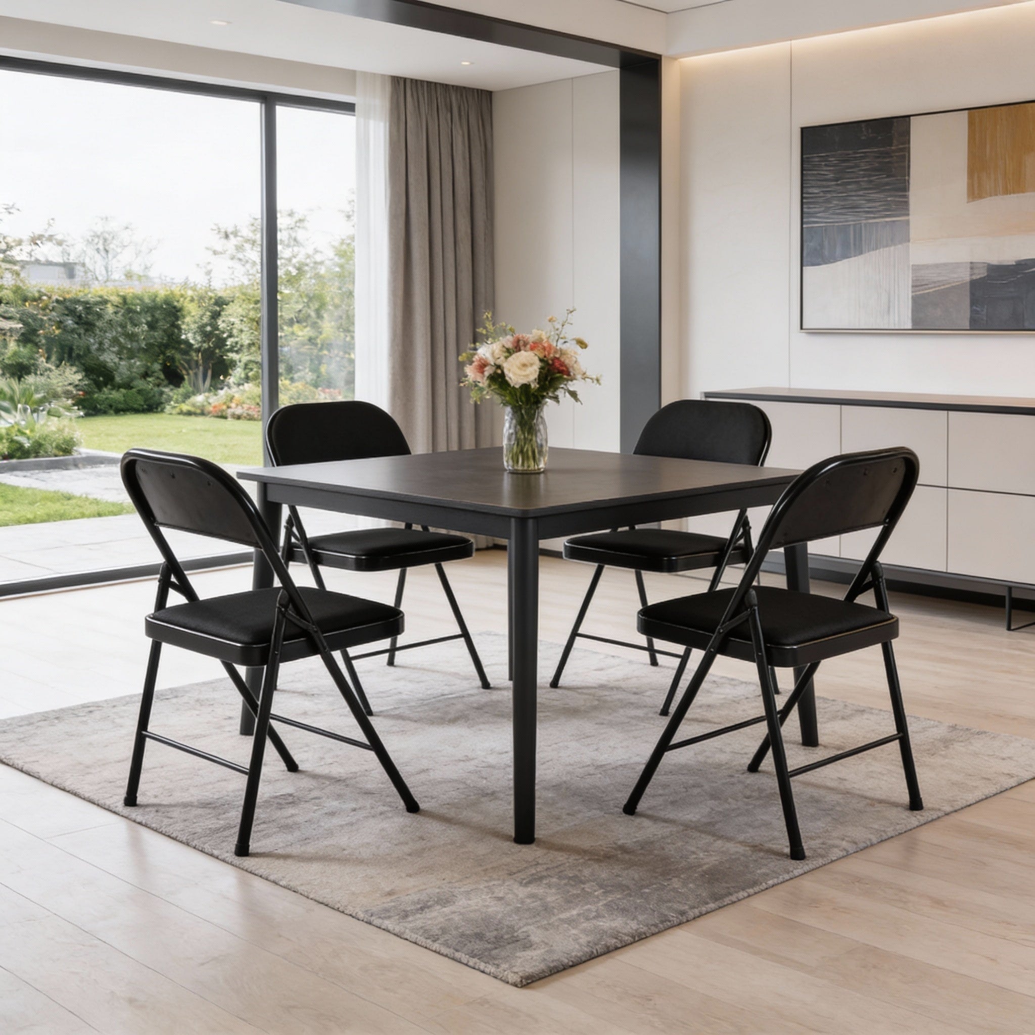 Homeroots Set Of Four Black Faux Leather And Steel Folding Chairs 17.70 In. X 37.70 In. X 15.70 In.