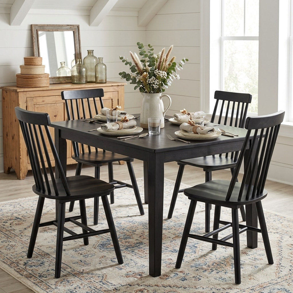 Homeroots Set Of Four Black Solid Wood Windsor Back Dining Side Chairs 17.50 In. X 36.00 In. X 18.00 In.