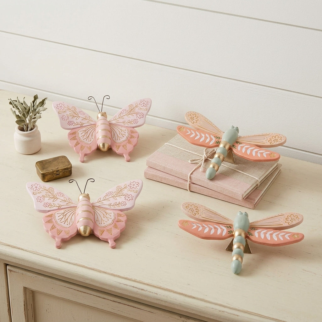 Homeroots Set Of Four Pink And Green Polyresin Butterfly And Dragonfly Figurines 4.25 In. X 2.20 In. X 6.65 In.