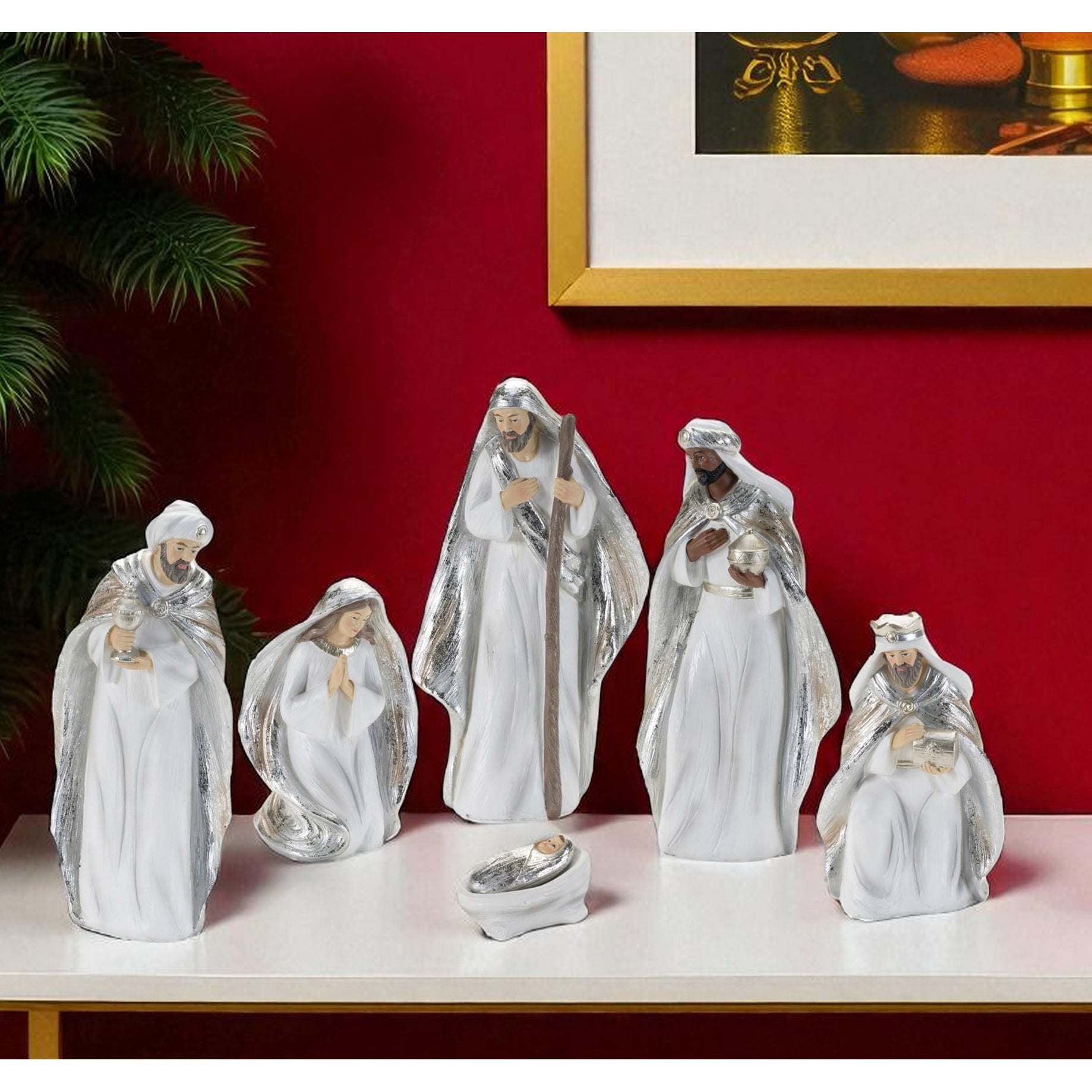 Homeroots Set Of Six White And Silver Resin Christmas Nativity Figurines 5.00 In. X 6.00 In. X 3.00 In.