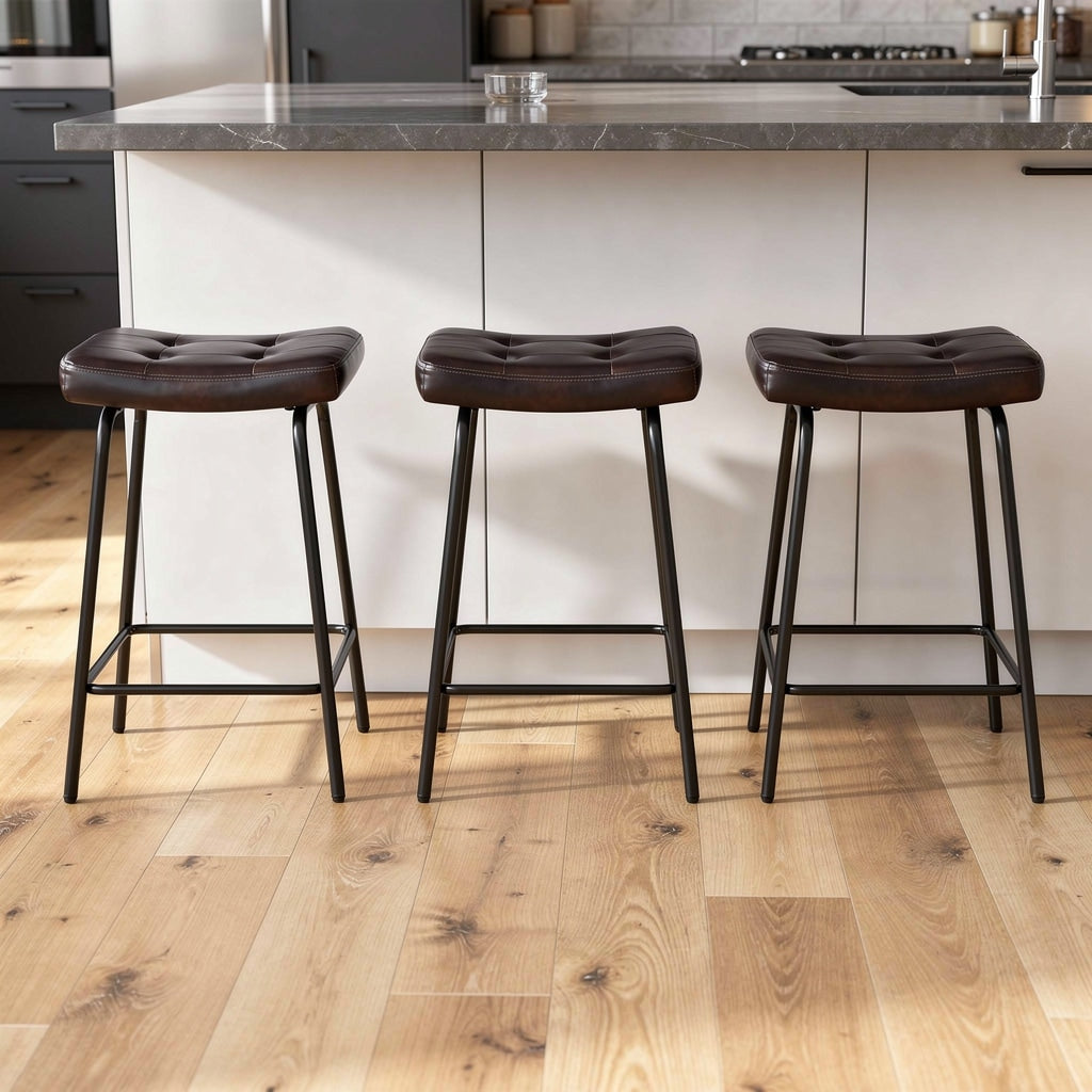 Homeroots Set Of Three 23 Dark Brown And Black Faux Leather And Metal Counter Height Bar Chairs