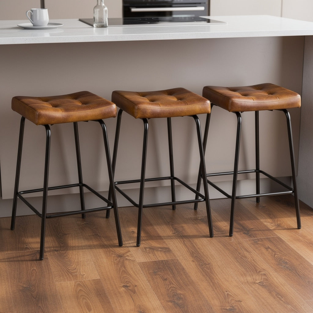 Homeroots Set Of Three 23 Light Brown And Black Faux Leather And Metal Counter Height Bar Chairs
