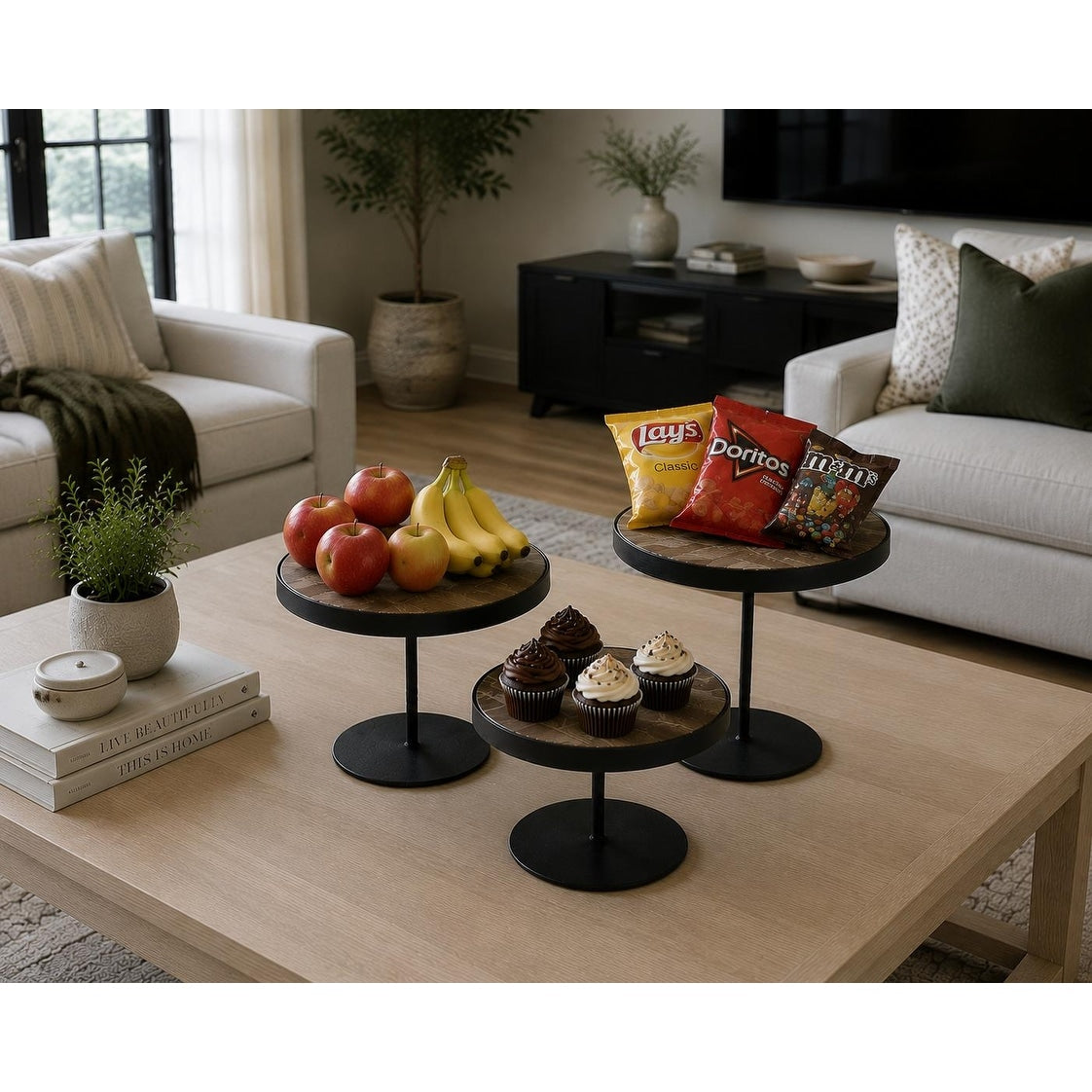 Homeroots Set Of Three Black And Light Brown Iron And Solid Wood Round Risers 12.00 In. X 8.00 In. X 12.00 In.