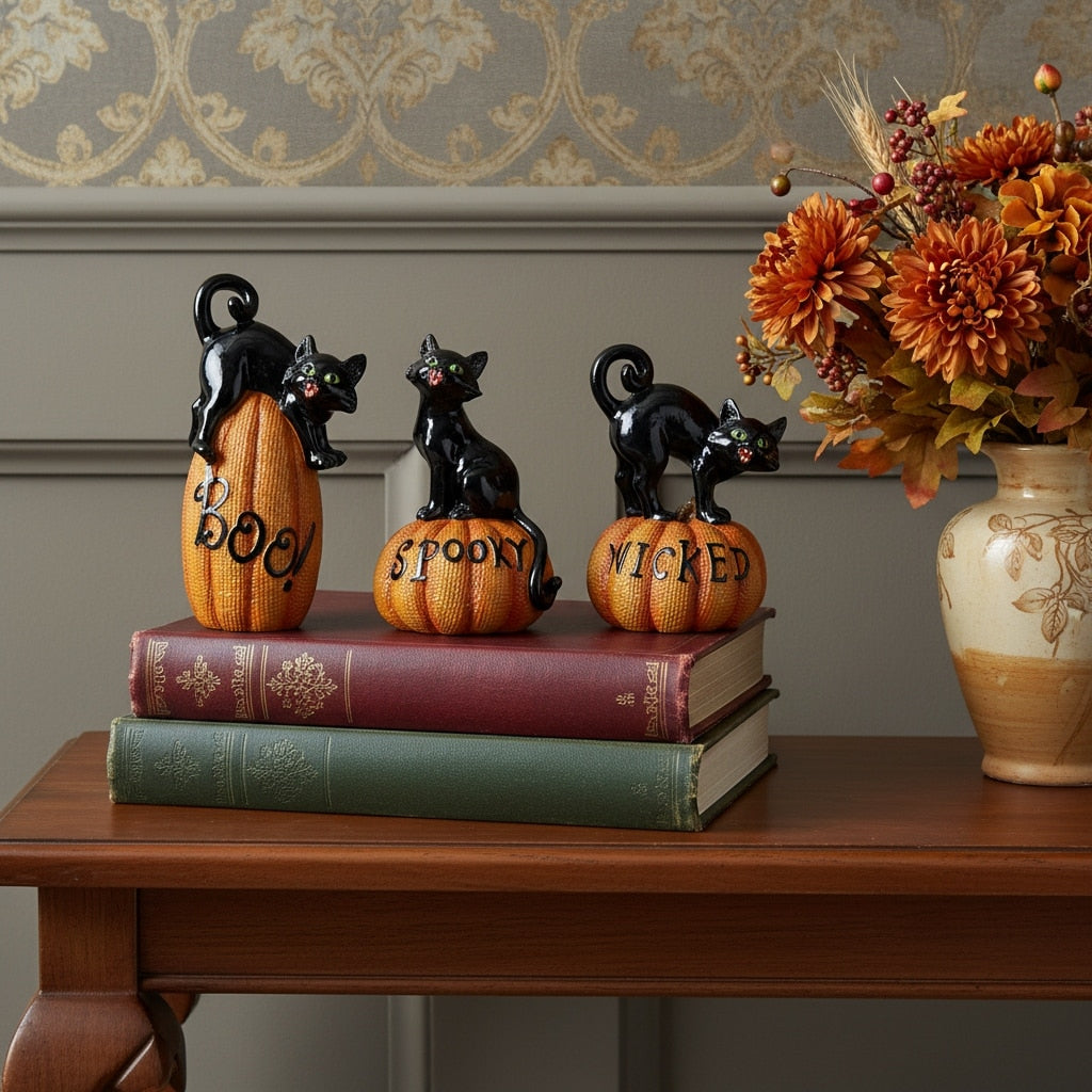 Homeroots Set Of Three Black And Orange Polyresin Halloween Black Cat Figurines 3.40 In. X 5.40 In. X 3.40 In.
