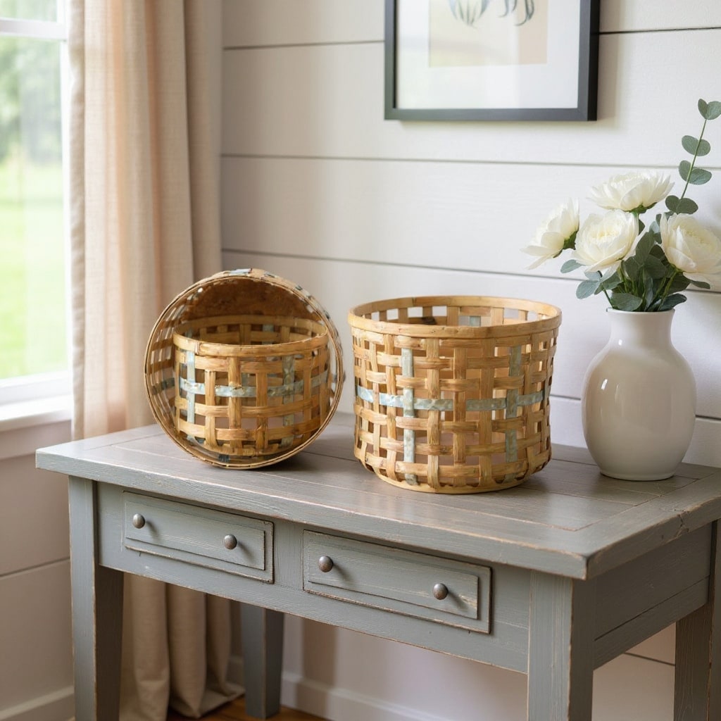 Homeroots Set Of Three Natural Wicker And Galvanized Metal Woven Baskets