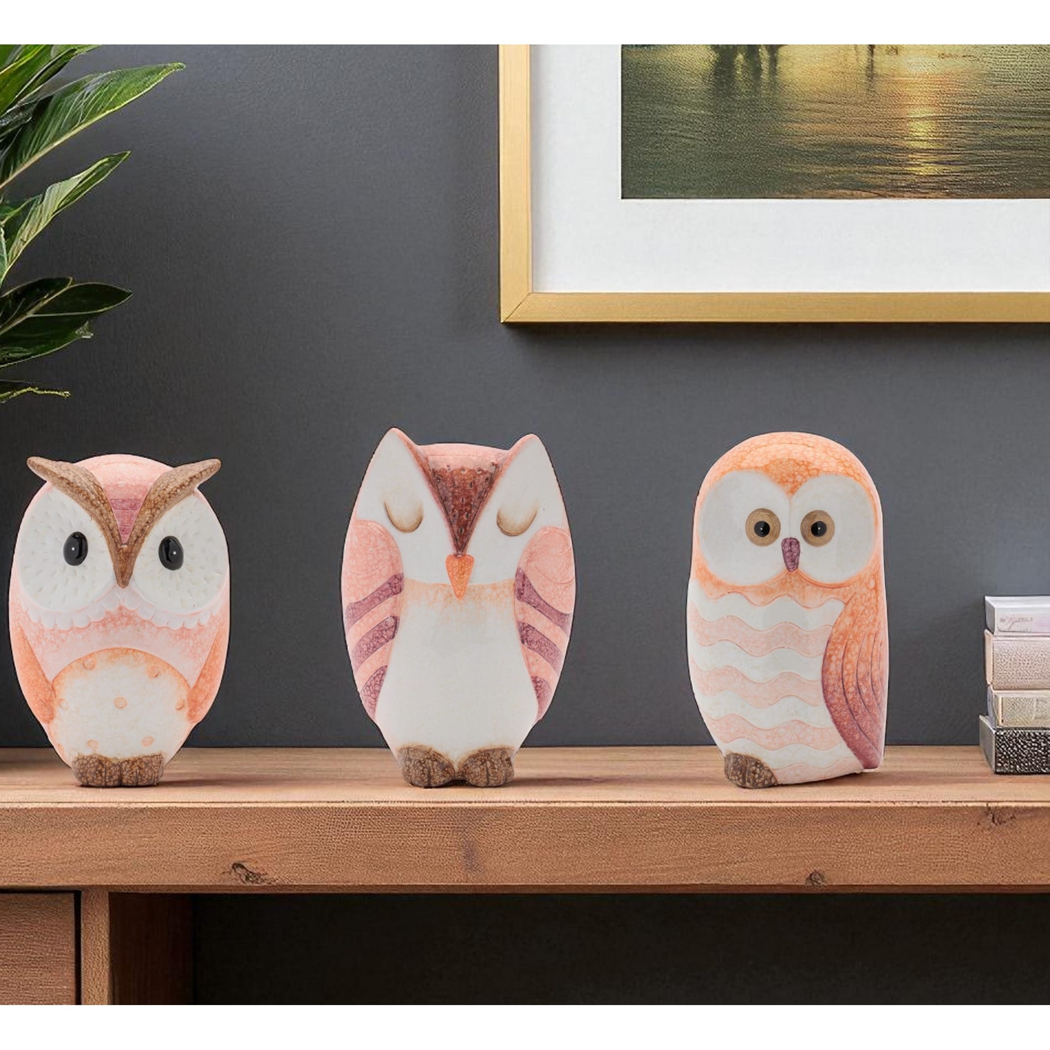 Homeroots Set Of Three Pink And Beige Terracotta Owl Figurines 4.25 In. X 6.00 In. X 3.50 In.