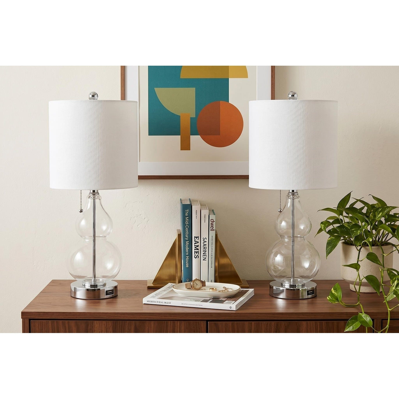 Homeroots Set Of Two 22 Clear And Silver Double Gourd Usb Lamps With Drum Shades 9.00 In. X 22.00 In. X 9.00 In.