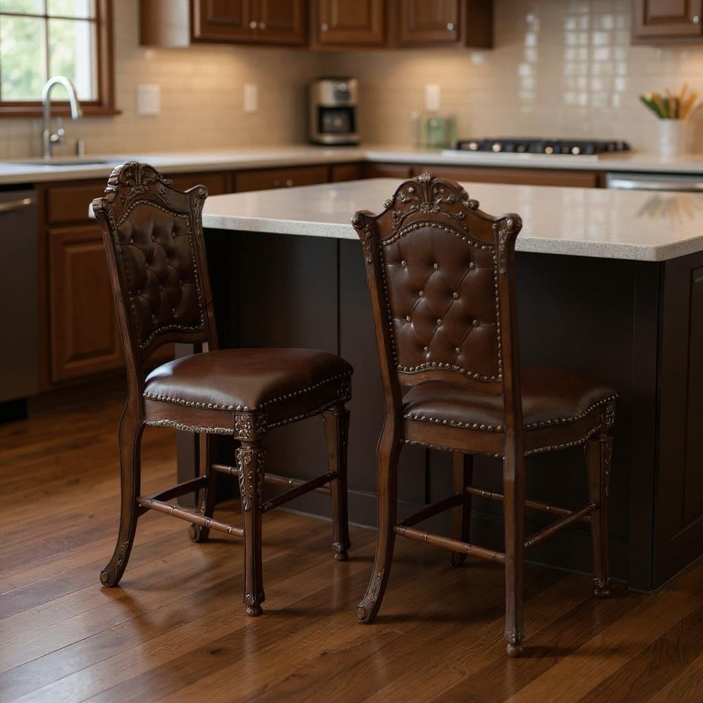 Homeroots Set Of Two 24 Brown Faux Leather And Solid Wood Counter Height Bar Chairs