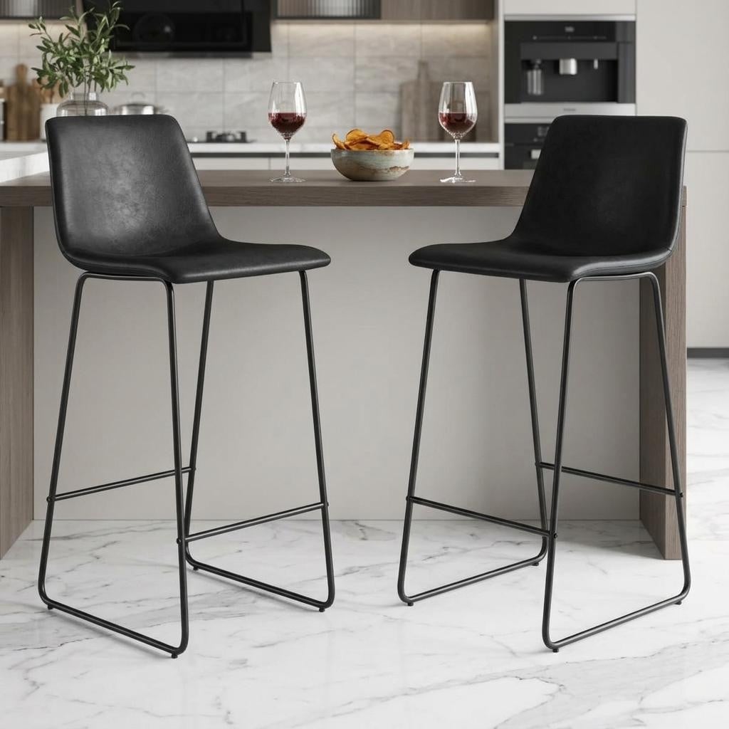 Homeroots Set Of Two 26 Black Faux Leather And Aluminum Counter Height Bar Chairs
