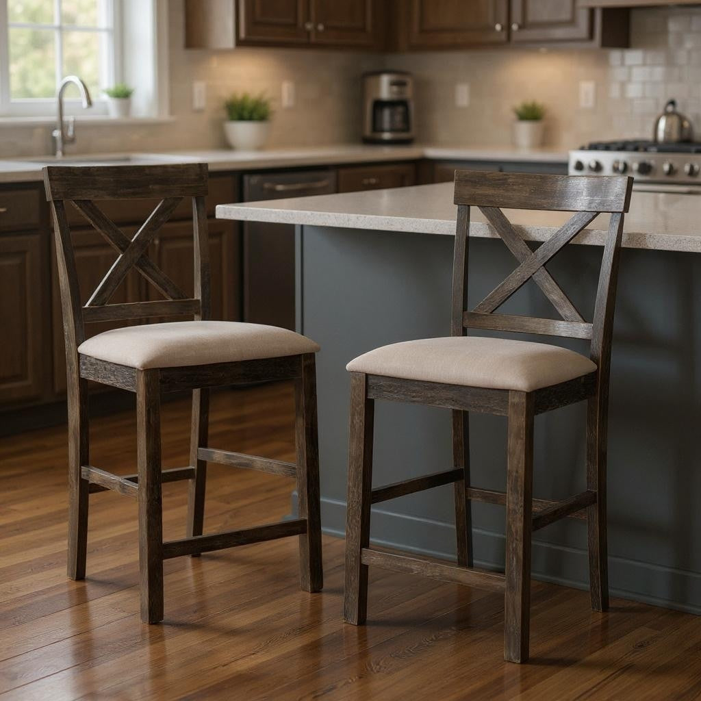 Homeroots Set Of Two 26 Tan And Dark Gray Linen And Solid Wood Counter Height Bar Chairs