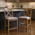 Homeroots Set Of Two 26 Tan And Oak Linen And Solid Wood Counter Height Bar Chairs