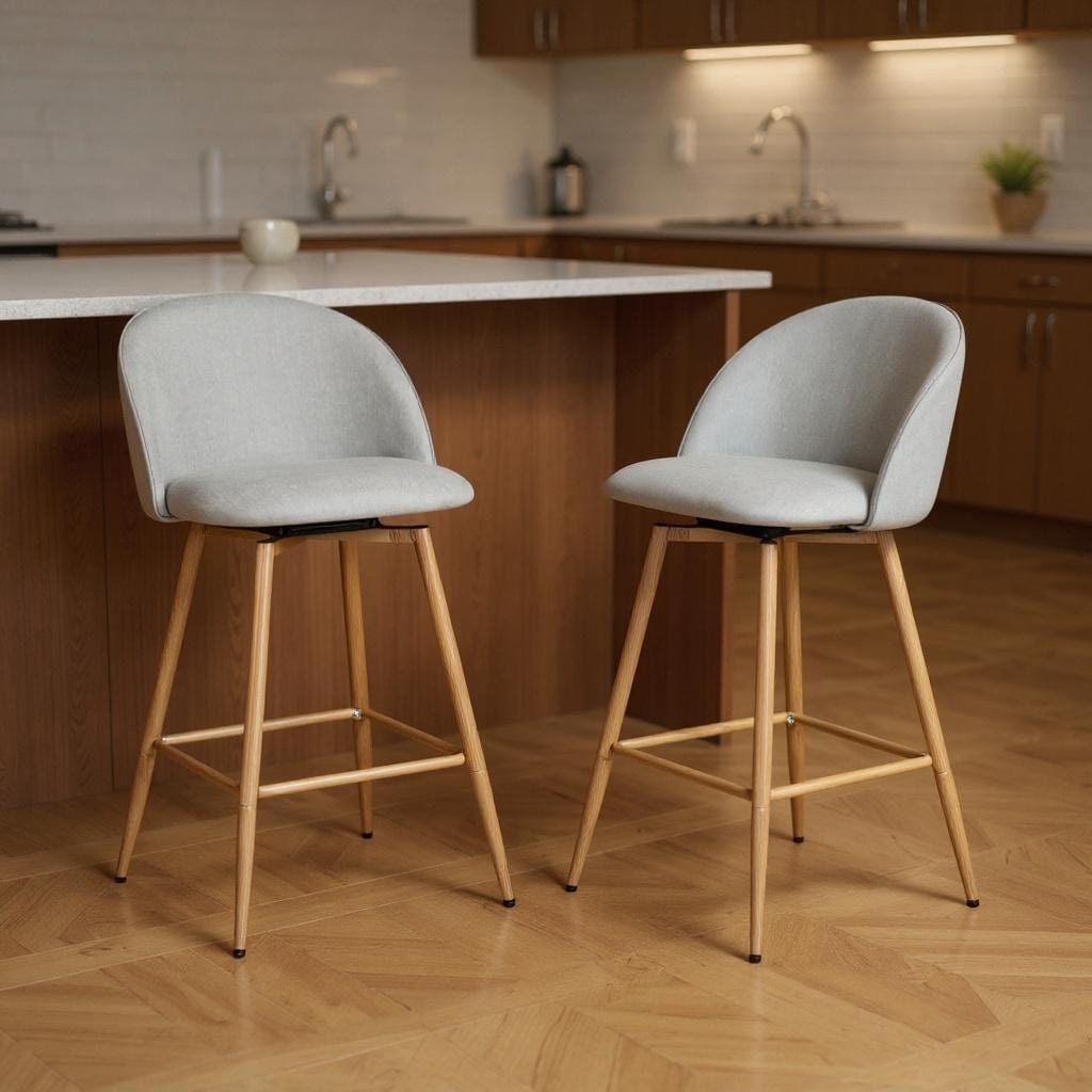 Homeroots Set Of Two 27 Gray And Oak Fabric And Metal Low Back Counter Height Swivel Bar Chairs