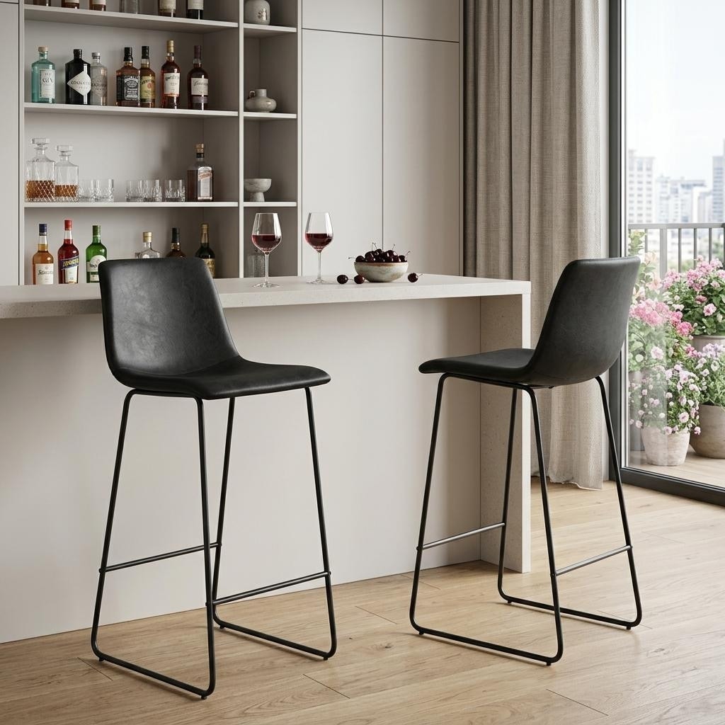 Homeroots Set Of Two 29 Black Faux Leather And Aluminum Bar Height Bar Chairs