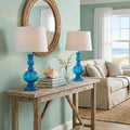 Homeroots Set Of Two 29 Blue Curved Body Glass Table Lamps With Drum Shades 15.00 In. X 28.50 In. X 15.00 In.