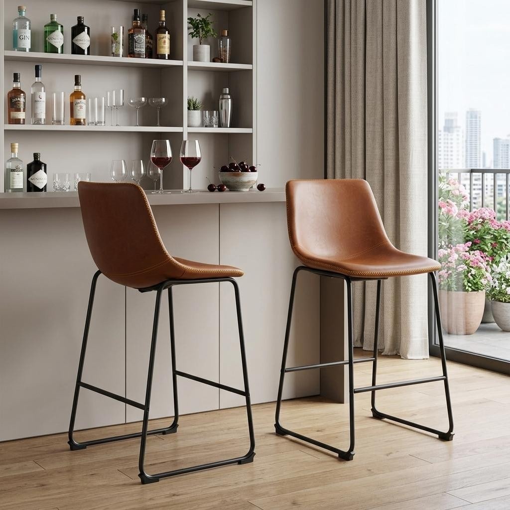 Homeroots Set Of Two 29 Brown And Black Faux Leather And Aluminum Bar Height Bar Chairs