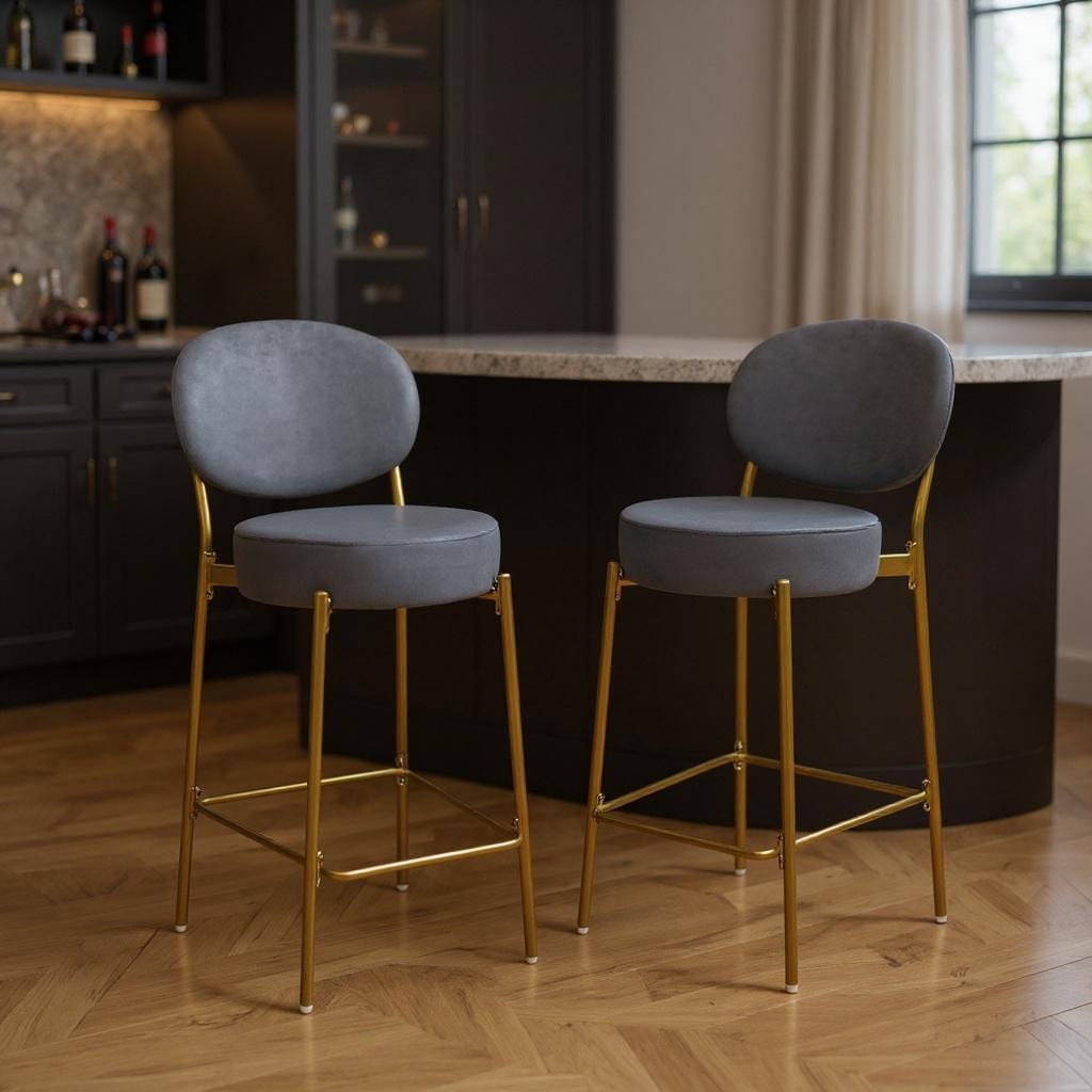 Homeroots Set Of Two 29 Gray And Gold Velvet And Metal Low Back Bar Height Bar Chairs