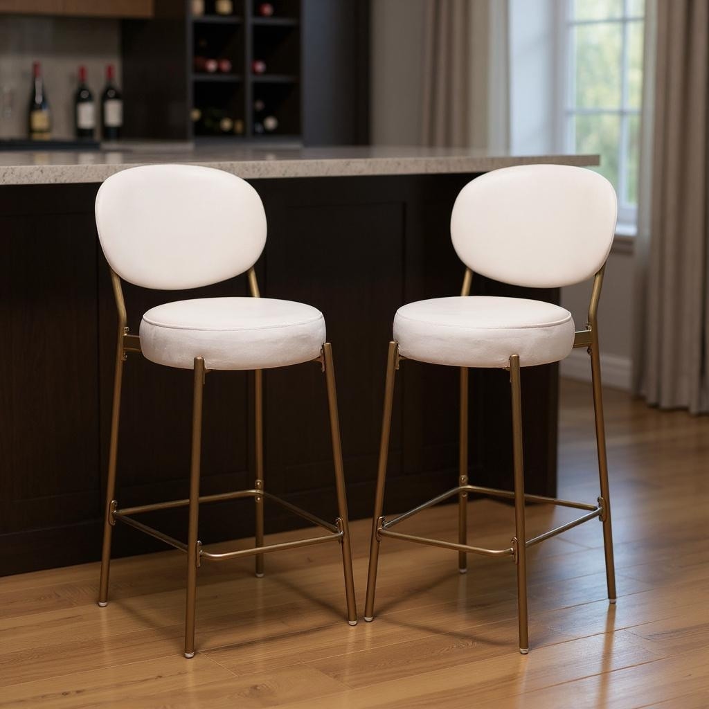 Homeroots Set Of Two 29 White And Gold Velvet And Metal Low Back Bar Height Bar Chairs