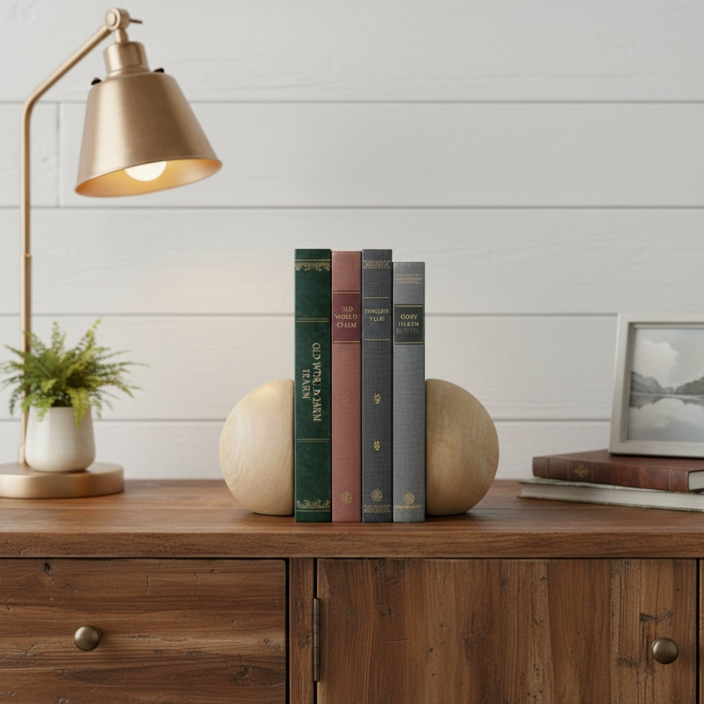 Homeroots Set Of Two Beige Stone Orb Decorative Bookends 5.50 In. X 5.25 In. X 5.50 In.