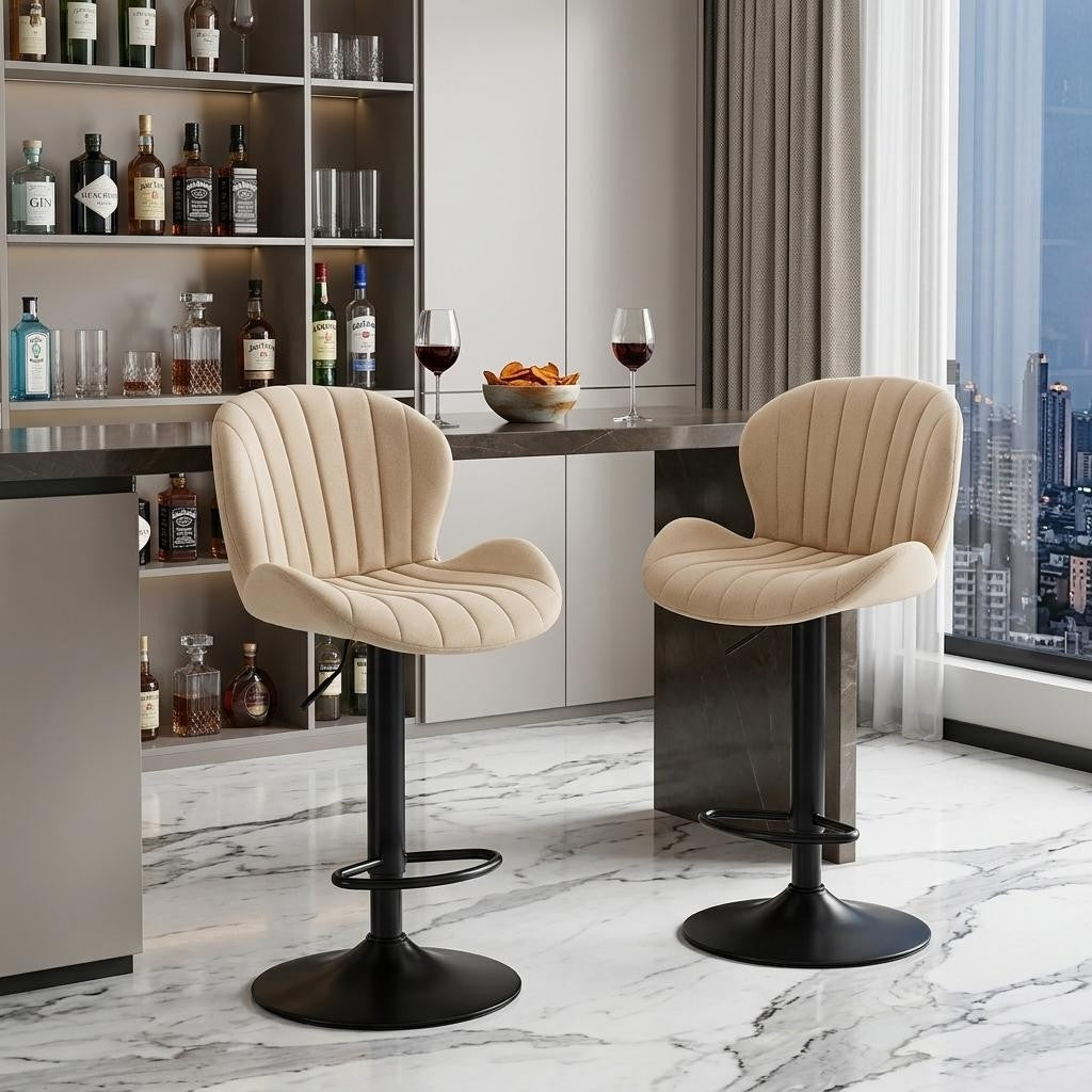 Homeroots Set Of Two Beige And Black Faux Leather And Aluminum Adjustable Height Swivel Bar Chairs