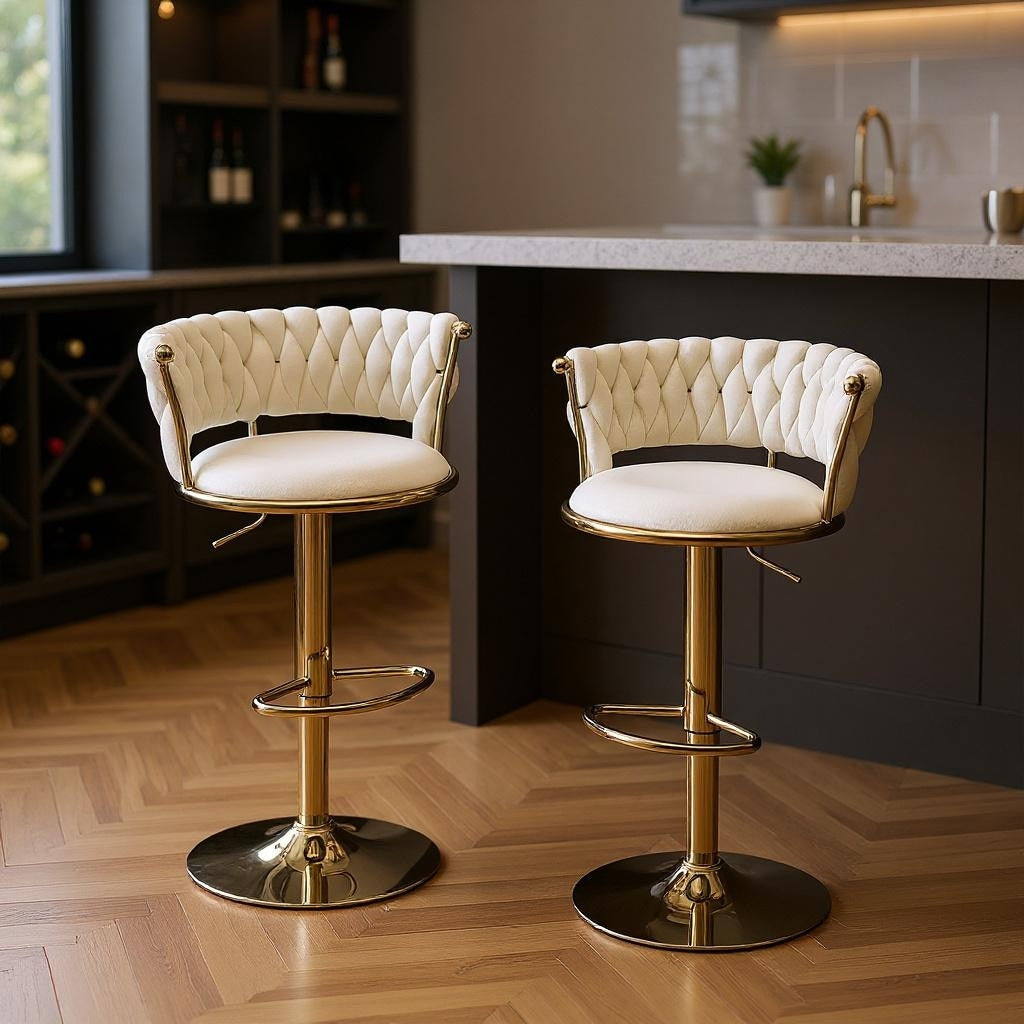 Homeroots Set Of Two Beige And Gold Velvet And Metal Low Back Adjustable Height Swivel Bar Chairs