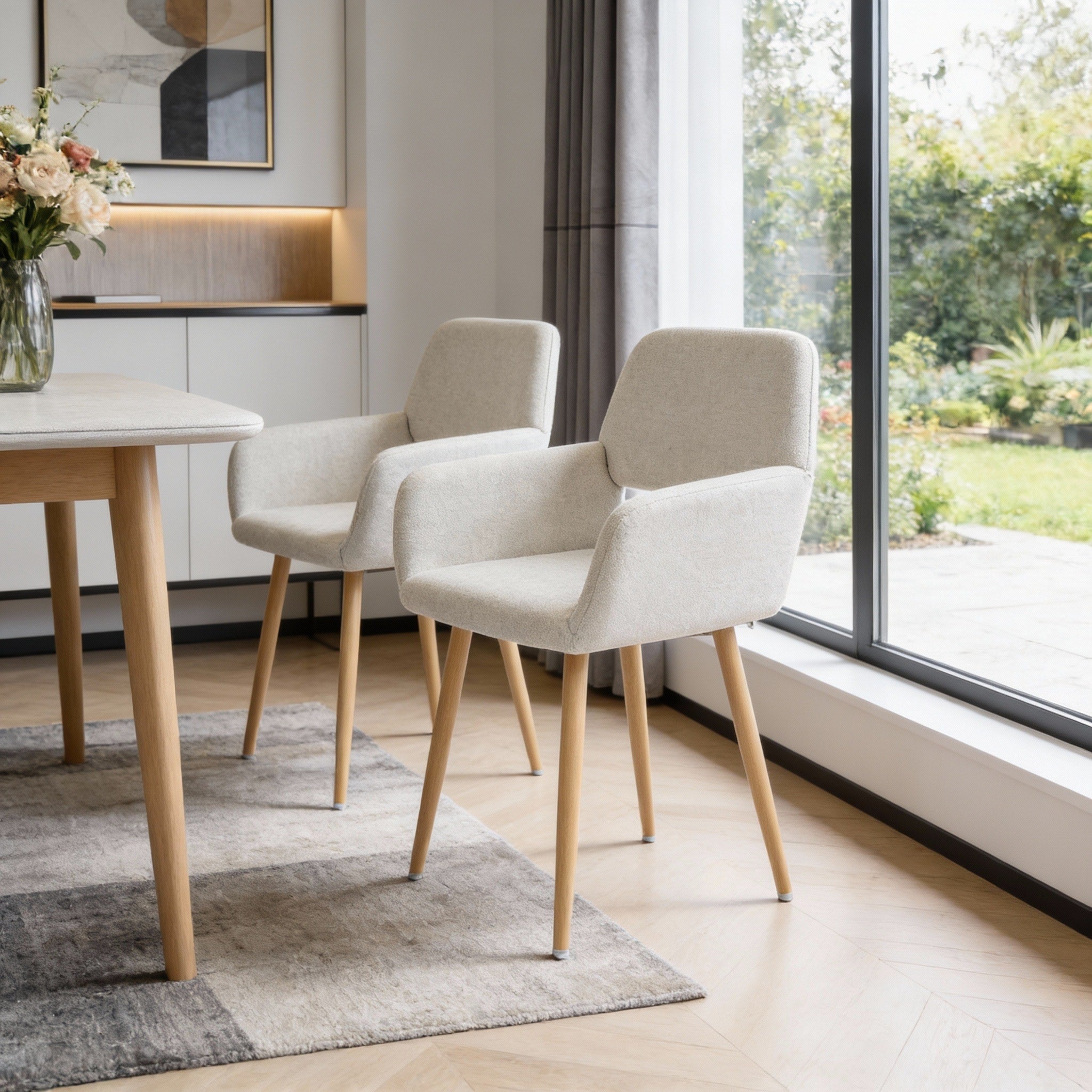Homeroots Set Of Two Beige And Oak Fabric And Steel Dining Arm Chairs 16.50 In. X 31.90 In. X 15.70 In.