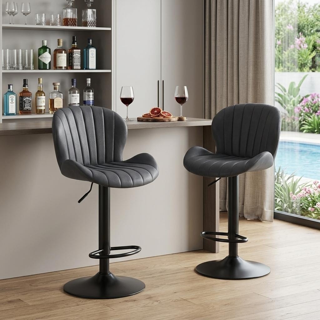 Homeroots Set Of Two Black Faux Leather And Aluminum Adjustable Height Swivel Bar Chairs