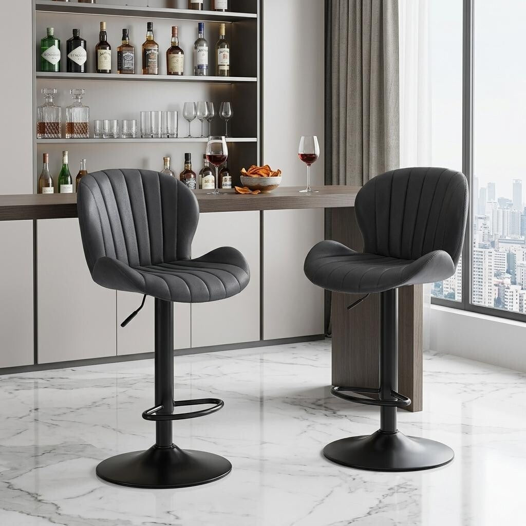 Homeroots Set Of Two Black Faux Leather And Aluminum Adjustable Height Swivel Bar Chairs