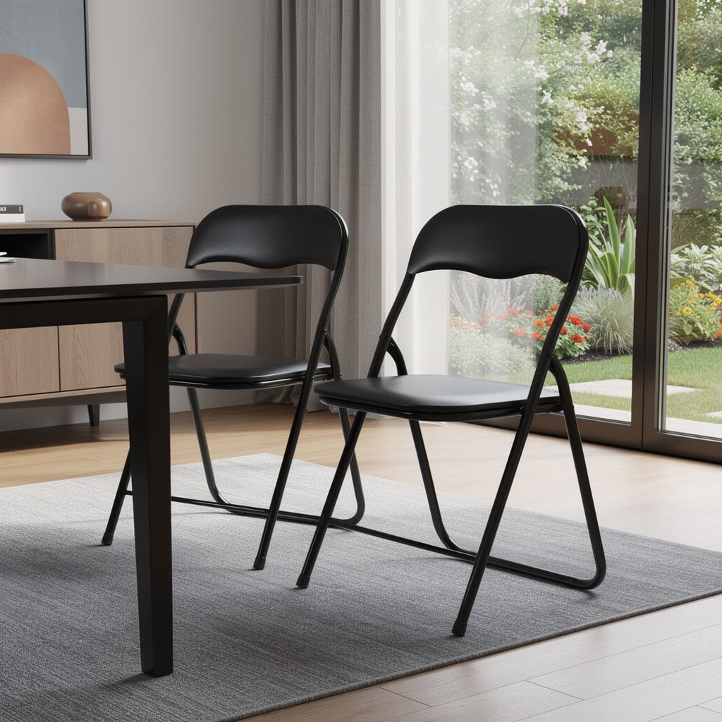 Homeroots Set Of Two Black Faux Leather And Steel Folding Chairs 15.40 In. X 31.10 In. X 16.90 In.
