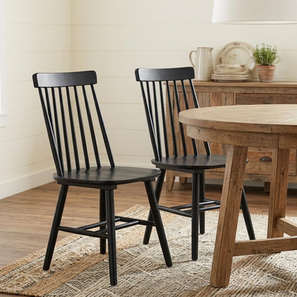 Homeroots Set Of Two Black Solid Wood Windsor Back Dining Side Chairs 17.50 In. X 36.00 In. X 18.00 In.