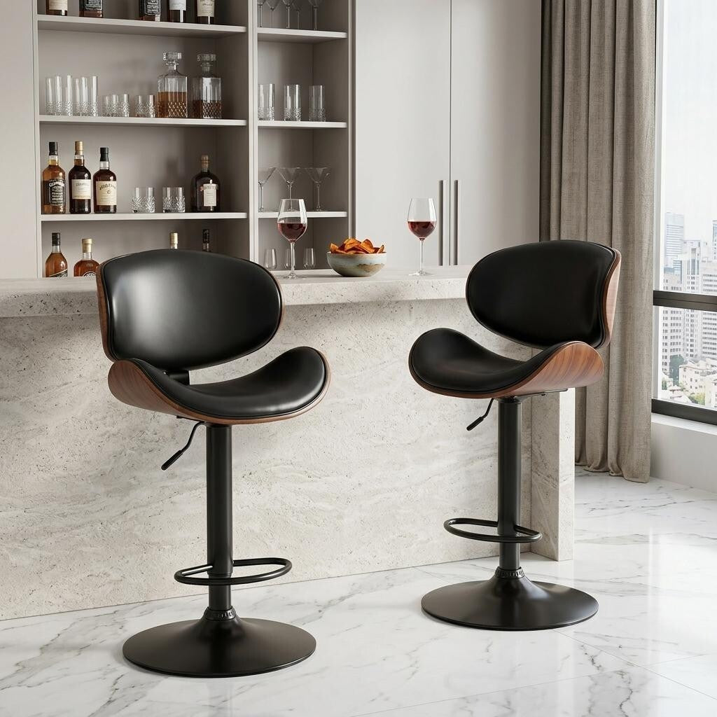 Homeroots Set Of Two Black And Brown Faux Leather Wood And Aluminum Adjustable Height Swivel Bar Chairs