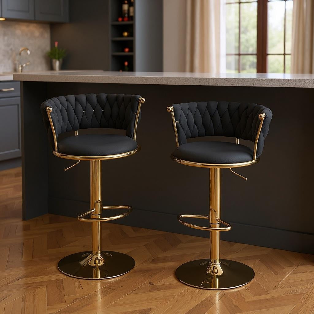 Homeroots Set Of Two Black And Gold Velvet And Metal Low Back Adjustable Height Swivel Bar Chairs