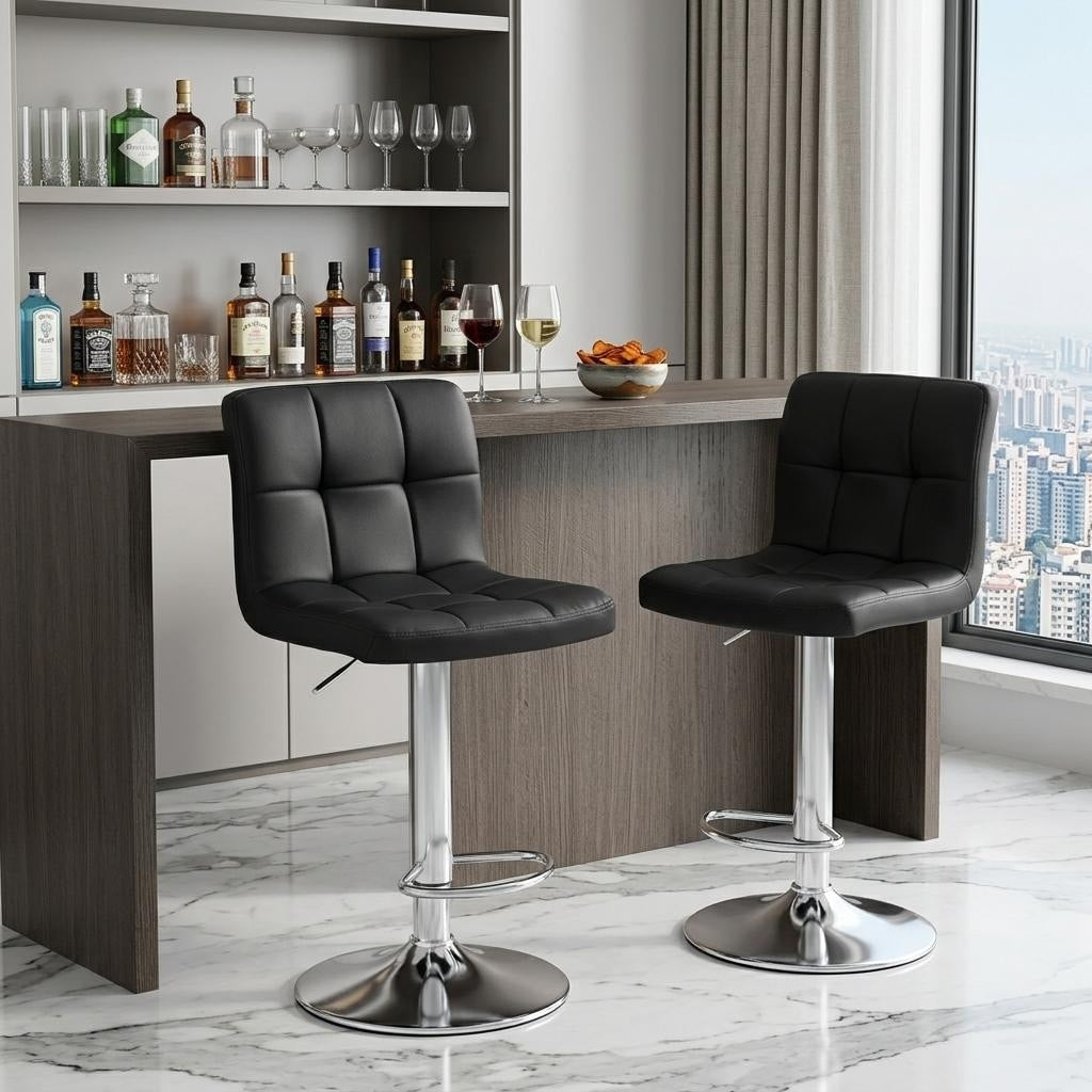 Homeroots Set Of Two Black And Silver Faux Leather And Aluminum Adjustable Height Swivel Bar Chairs