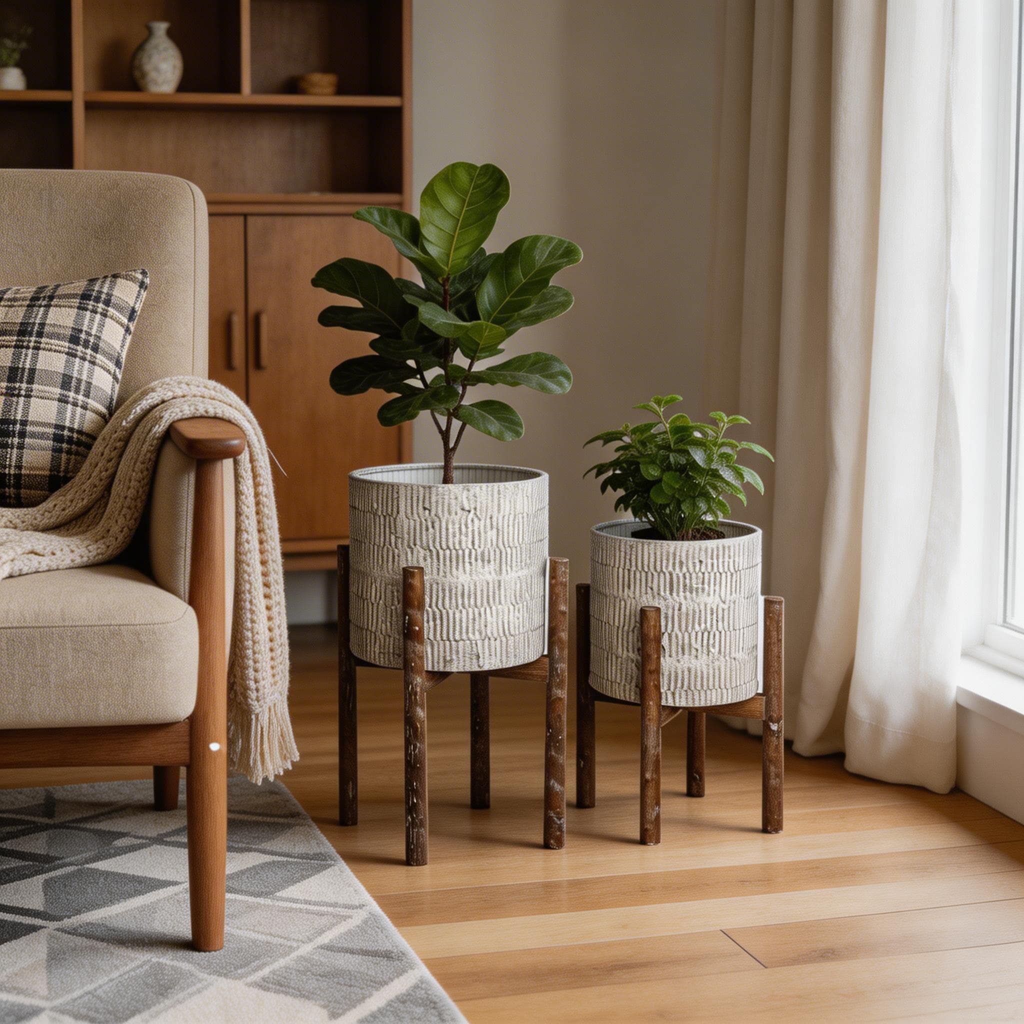 Homeroots Set Of Two Cream And Brown Ceramic And Wood Round Elevated Planters 15.00 In. X 23.00 In. X 15.00 In.