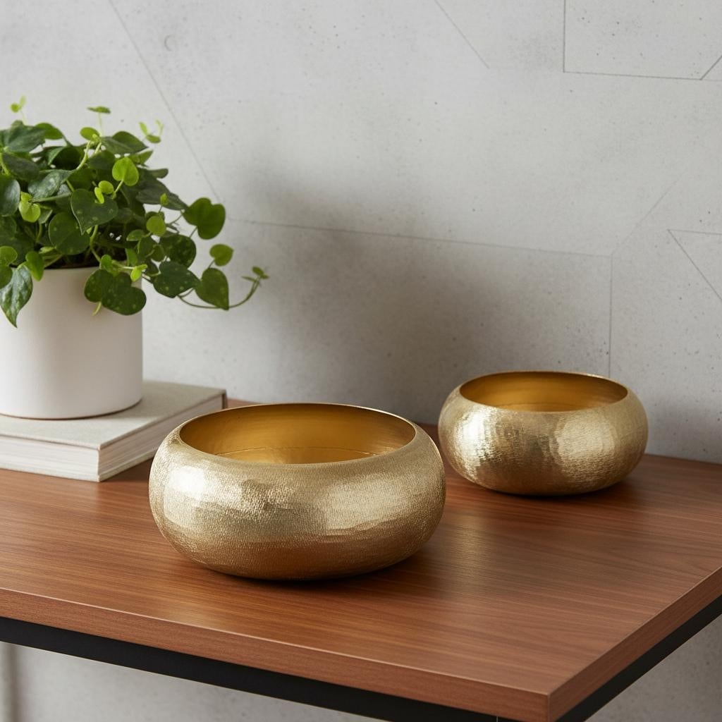 Homeroots Set Of Two Gold Aluminum Hammered Round Centerpiece Bowls 11.80 In. X 4.90 In. X 11.80 In.