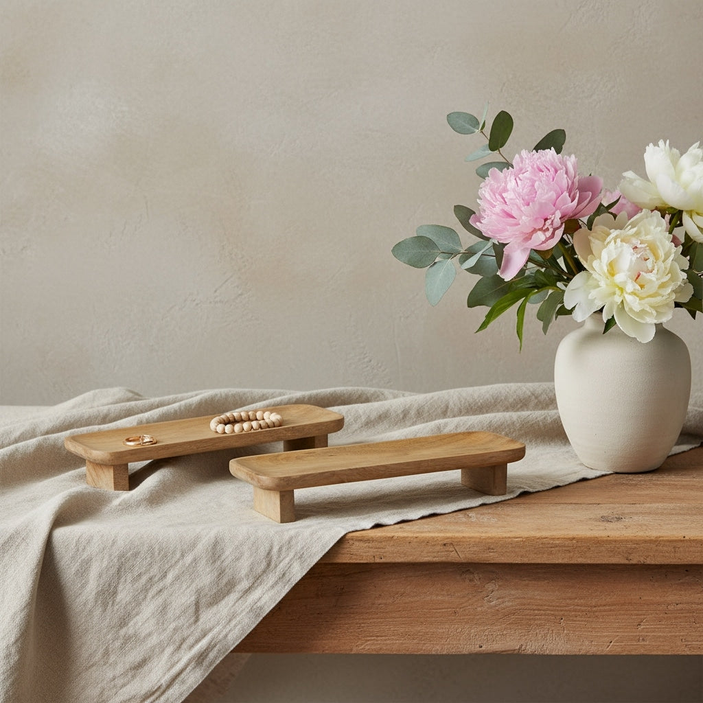 Homeroots Set Of Two Natural Solid Wood Riser Trinket Tray 16.00 In. X 2.75 In. X 6.50 In.
