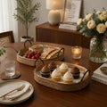 Homeroots Set Of Two Natural And Black Jute Metal And Solid Wood Oval Serving Trays With Handles