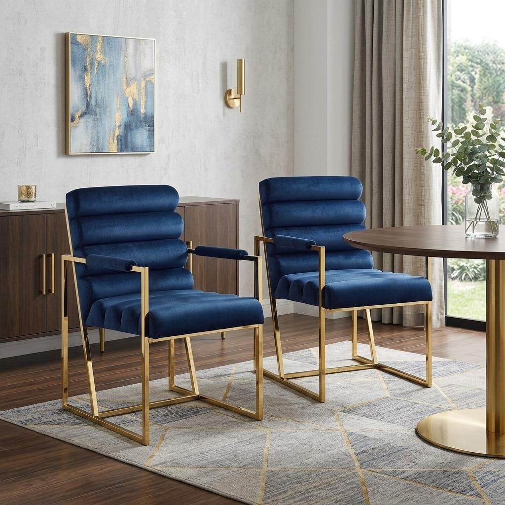 Homeroots Set Of Two Tufted Navy Blue And Gold Upholstered Velvet Dining Arm Chairs 27.80 In. X 37.00 In. X 22.00 In.