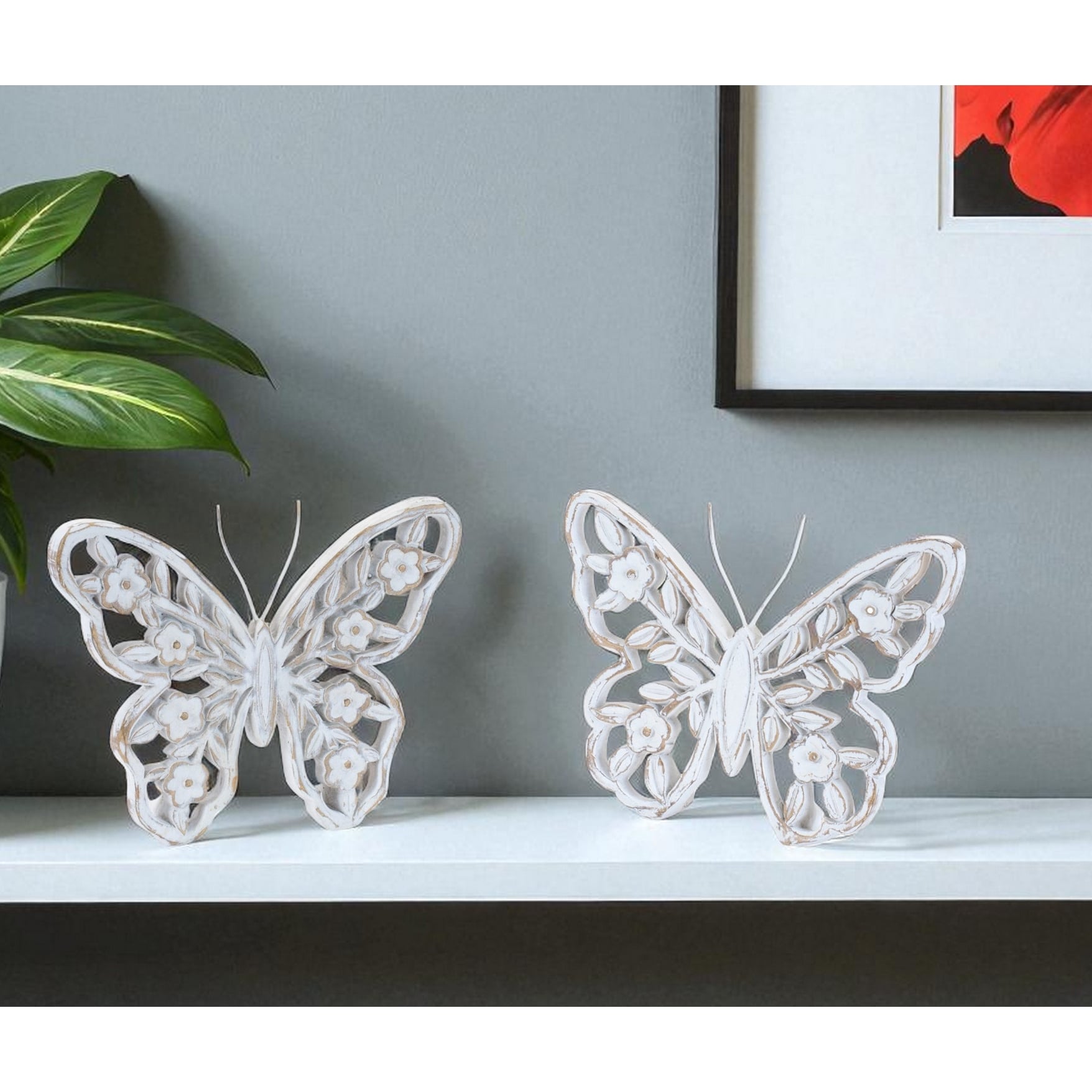 Homeroots Set Of Two White And Beige Polyresin Butterfly Tabletop Sculptures 7.00 In. X 5.50 In. X 1.00 In.