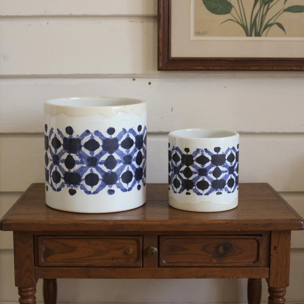Homeroots Set Of Two White And Blue Ceramic 5 Ounce Geometric Round Pot Planters 5.50 In. X 6.00 In. X 5.50 In.