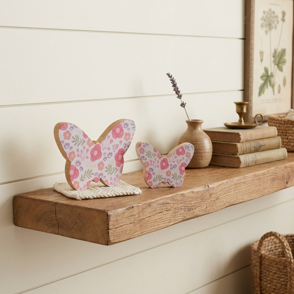 Homeroots Set Of Two White And Pink Wood Butterfly Tabletop Sculptures 7.50 In. X 5.50 In. X 1.00 In.